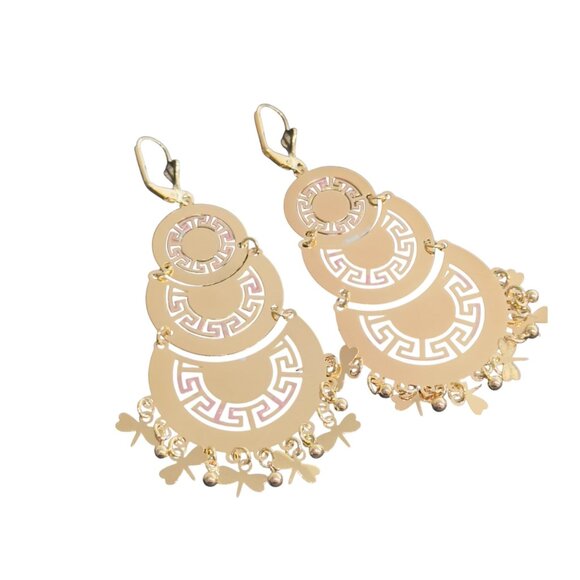 Gold Filled Womens Three Tones Greek Key Chandelier Butterfly Dangle Earrings - Picture 6 of 8